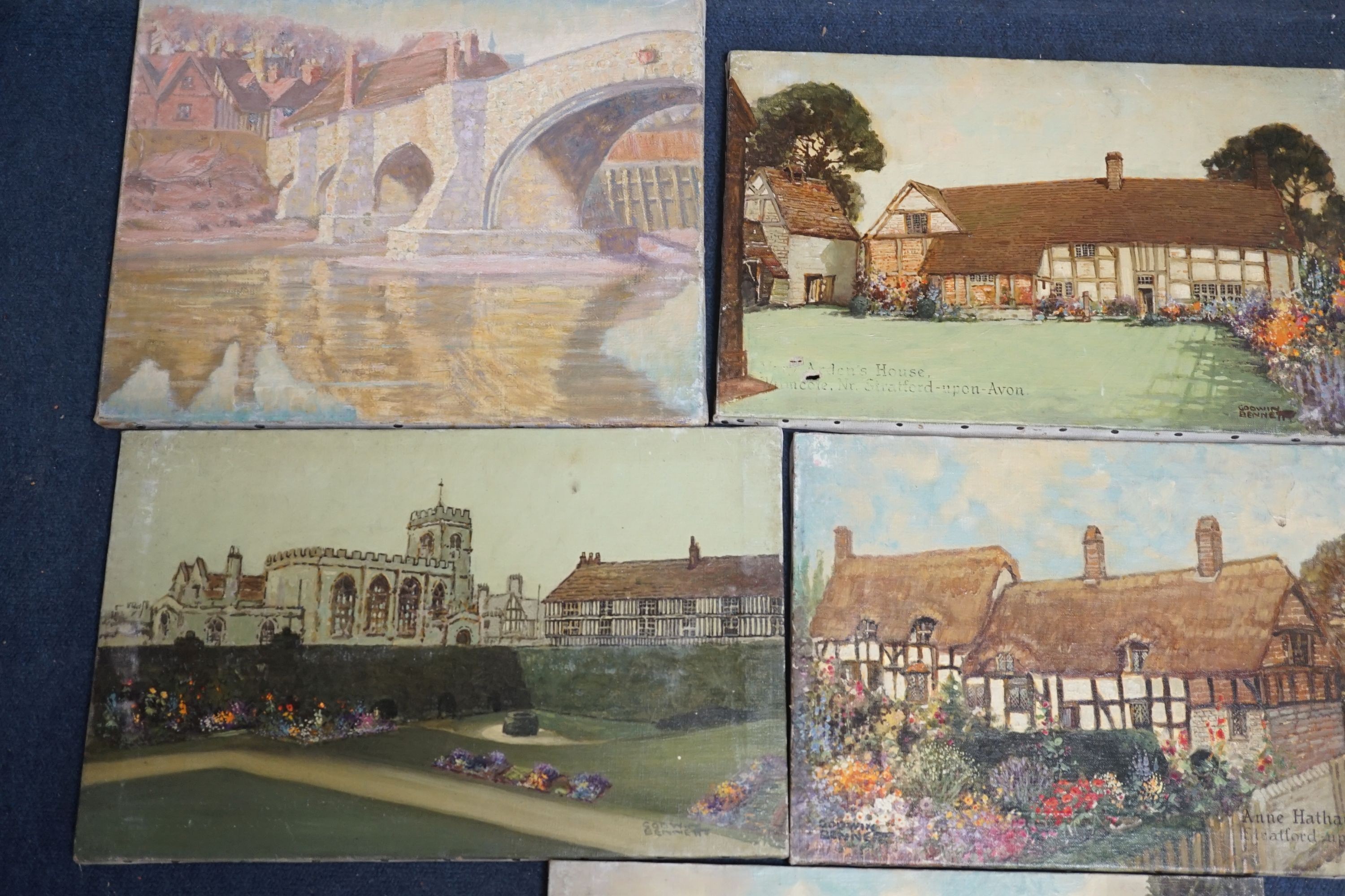 Godwin Bennett (1888-1950), four oils on canvas, Village around Stratford Upon Avon, signed, 26 x 41cm, unframed and a similar unsigned study of a bridge